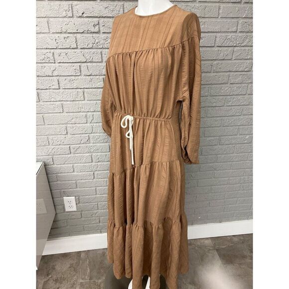 Shein Women Tan Asymmetrical Tiered Balloon Sleeve Maxi Dress Size 2 - Picture 4 of 9